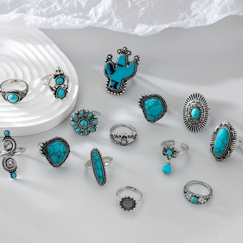 14 PCS Turquoice Rings - Picture 2 of 2